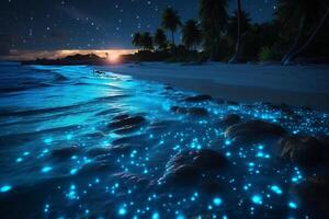 oceano riva a notte, il acqua è pieno di dinoflagellati, raggiante con milioni luminosa blu neon splendore nel il buio minuscolo punti. ai generativo foto