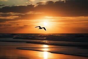 un' volante gabbiano silhouette nel tramonto cielo e spiaggia. ai generativo foto