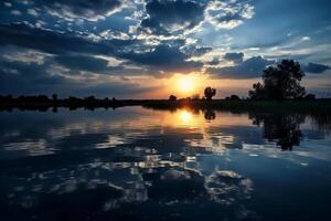 un' scena nel quale il intero cielo è riflessa nel il acqua. ai generativo foto