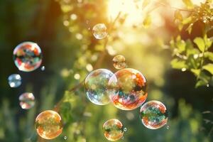 sapone bolle contro un' sfocato leggero naturale estate sfondo. ai generativo foto