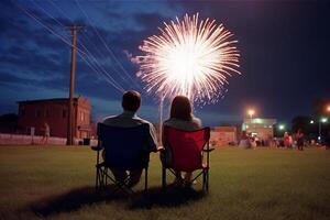 un' giovane coppia sedersi insieme per orologio celebrazione fuochi d'artificio nel America. ai generativo foto