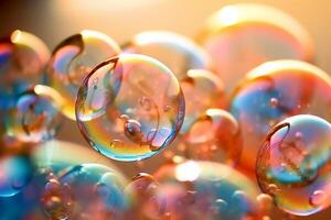 sapone bolle contro un' sfocato leggero sfondo. ai generativo foto