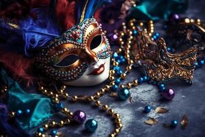 veneziano carnevale maschera e perline decorazione. mardi gras sfondo. ai generativo foto