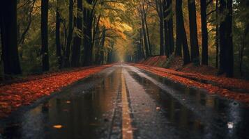 un' bellissimo lungo strada nel autunno stagione è foderato con alberi cuscinetto colorato le foglie. ai generativo foto