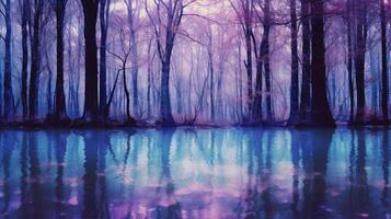 alberi nel un' foresta con acqua su esso, nel il stile di sfocatura silhouette, con un' blu viola tono. ai generativo foto