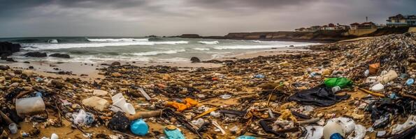spiaggia pieno di spazzatura e plastica rifiuto come largo bandiera per ambientale e riciclare concetti. ai generativo foto