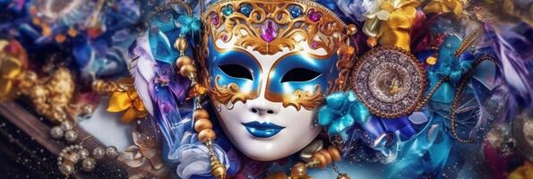 veneziano carnevale maschera e perline decorazione. mardi gras sfondo. ai generativo foto