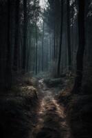 buio foresta, con un' sentiero nel il mezzo, orrore ambiente, alberi su il lato. ai generativo foto