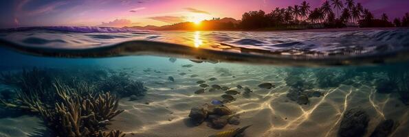 fotografia di bellissimo invitante spiaggia scena con viola tramonto cielo. ai generativo foto