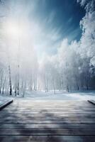 inverno Natale panoramico paesaggio con copia spazio. di legno pavimentazione, bianca alberi nel foresta coperto con neve, cumuli di neve e nevicata contro blu cielo nel soleggiato giorno ai generativo foto
