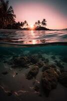 fotografia di bellissimo invitante spiaggia scena con rosa tramonto cielo. ai generativo foto