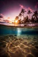 fotografia di bellissimo invitante spiaggia scena con viola tramonto cielo. ai generativo foto