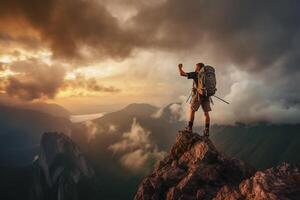 riuscito escursionista escursioni a piedi un' montagna puntamento per il tramonto. ai generativo foto