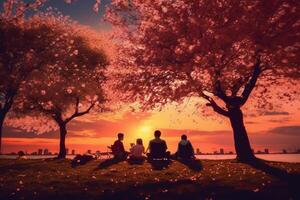 il silhouette di un' famiglia godendo un' picnic sotto un' ciliegia fiorire albero nel tramonto cielo. ai generativo foto