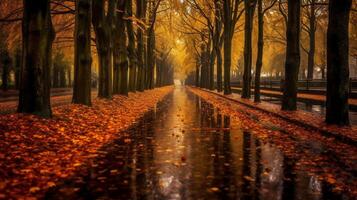 un' bellissimo lungo strada nel autunno stagione è foderato con alberi cuscinetto colorato le foglie. ai generativo foto