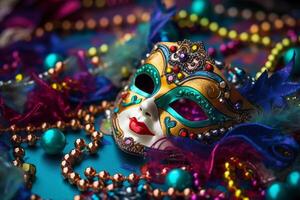 veneziano carnevale maschera e perline decorazione. mardi gras sfondo. ai generativo foto