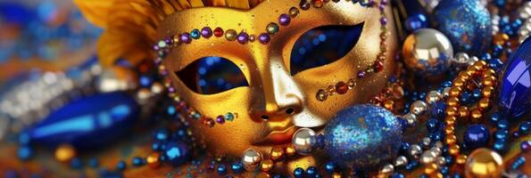 veneziano carnevale maschera e perline decorazione. mardi gras sfondo. ai generativo foto