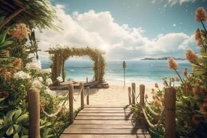 fotorealistico foto di un' di legno sentiero per il spiaggia. blu cielo. plam alberi, floreale nozze arco bianca fiori. ai generativo