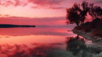 un' scena nel quale il intero rosa cielo è riflessa nel il acqua. ai generativo foto