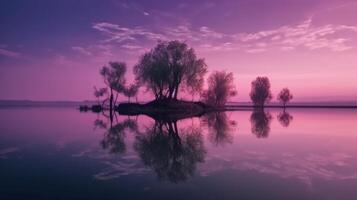 un' scena nel quale il intero viola cielo è riflessa nel il acqua. ai generativo foto