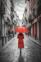rosso ombrello nel mano di donna a piedi su un' incolore strada. ai generativo foto