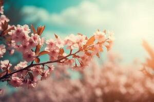 ciliegia fiorire primavera blu cielo sfondo. ai generativo foto