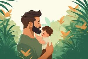 illustrazione di padre con il suo poco bambino, albero nel il sfondo. concetto di padri giorno, padri amore, relazioni fra padre e bambino. ai generativo foto