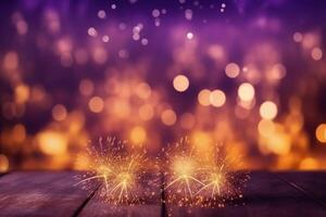 oro e viola fuochi d'artificio e bokeh nel nuovo anno vigilia e copia spazio. astratto sfondo vacanza, ai generativo foto