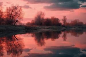 un' scena nel quale il intero rosa cielo è riflessa nel il acqua. ai generativo foto