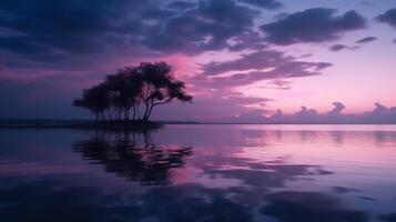 un' scena nel quale il intero viola cielo è riflessa nel il acqua. ai generativo foto