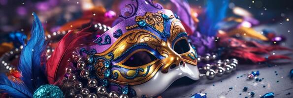 veneziano carnevale maschera e perline decorazione. mardi gras sfondo. ai generativo foto