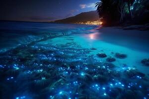 oceano riva a notte, il acqua è pieno di dinoflagellati, raggiante con milioni luminosa blu neon splendore nel il buio minuscolo punti. ai generativo foto