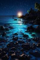 oceano riva a notte, il acqua è pieno di dinoflagellati, raggiante con milioni luminosa blu neon splendore nel il buio minuscolo punti. ai generativo foto