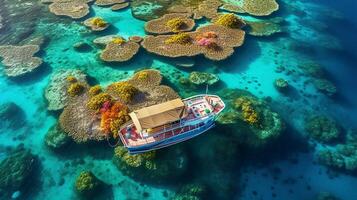 un aereo tiro di un' tropicale dell'isola laguna, con superficiale turchese acque e corallo formazioni la creazione di intricato modelli sotto il superficie. ai generativo foto