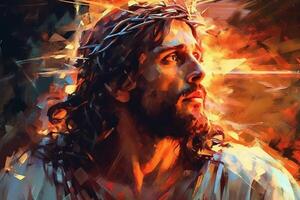 Gesù con un' corona di spine circondato di raggiante leggero tavolozza coltello disegno. ai generativo foto