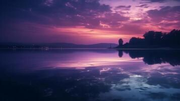 un' scena nel quale il intero viola cielo è riflessa nel il acqua. ai generativo foto