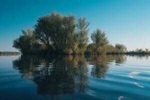 un' scena nel quale il intero leggero blu cielo è riflessa nel il acqua. ai generativo foto