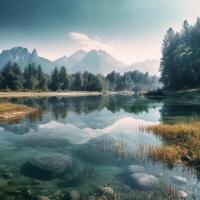 lago con montagne e alberi. ai generativo foto