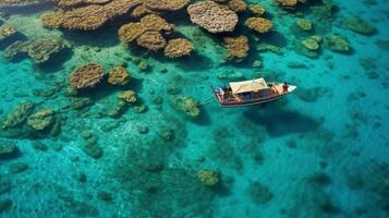 un aereo tiro di un' tropicale dell'isola laguna, con superficiale turchese acque e corallo formazioni la creazione di intricato modelli sotto il superficie. ai generativo foto