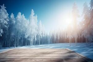 inverno Natale panoramico paesaggio con copia spazio. di legno pavimentazione, bianca alberi nel foresta coperto con neve, cumuli di neve e nevicata contro blu cielo nel soleggiato giorno ai generativo foto