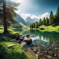 lago con montagne e alberi. ai generativo foto