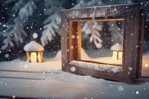 inverno Natale nevoso telaio con copia spazio. di legno leggero tavole siamo coperto con neve con pulito gratuito vuoto spazio per testo. ai generativo foto