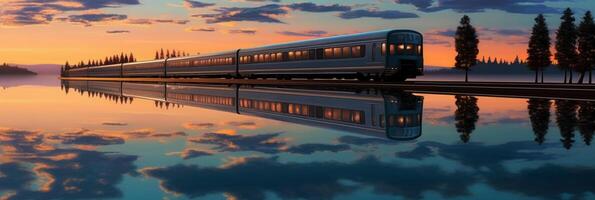 un' treno è in viaggio su lago, acqua superficie riflette il cielo. ai generativo foto