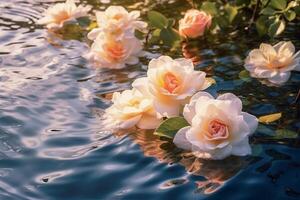 bellissimo bianca e rosa fiori galleggiante nel il lago. ai generativo foto