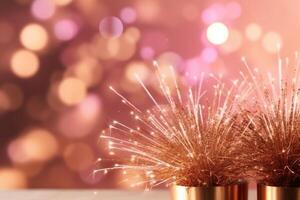 oro e rosa fuochi d'artificio e bokeh nel nuovo anno vigilia e copia spazio. astratto sfondo vacanza. ai generativo foto