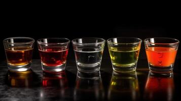 bicchieri con diverso alcool nel un' riga, buio sfondo. ai generato. foto
