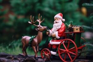 Santa su slitta con renna cavalcate attraverso nevoso foresta su Natale, sfondo. ai generato. foto