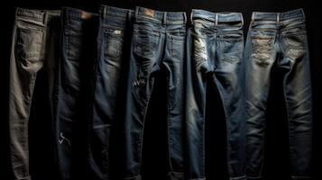 collezione di diverso colore modelli di denim pantaloni nel un' riga, nero sfondo. ai generato. foto