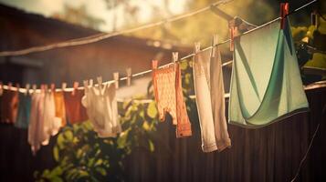 vario pulito colorato cose asciutto su un' clothesline contro il sfondo di il strada. ai generato. foto