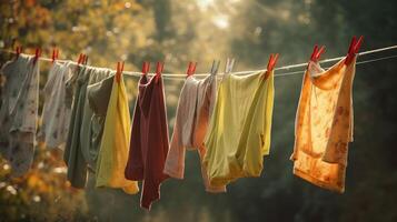 vario pulito colorato cose asciutto su un' clothesline contro il sfondo di il strada. ai generato. foto